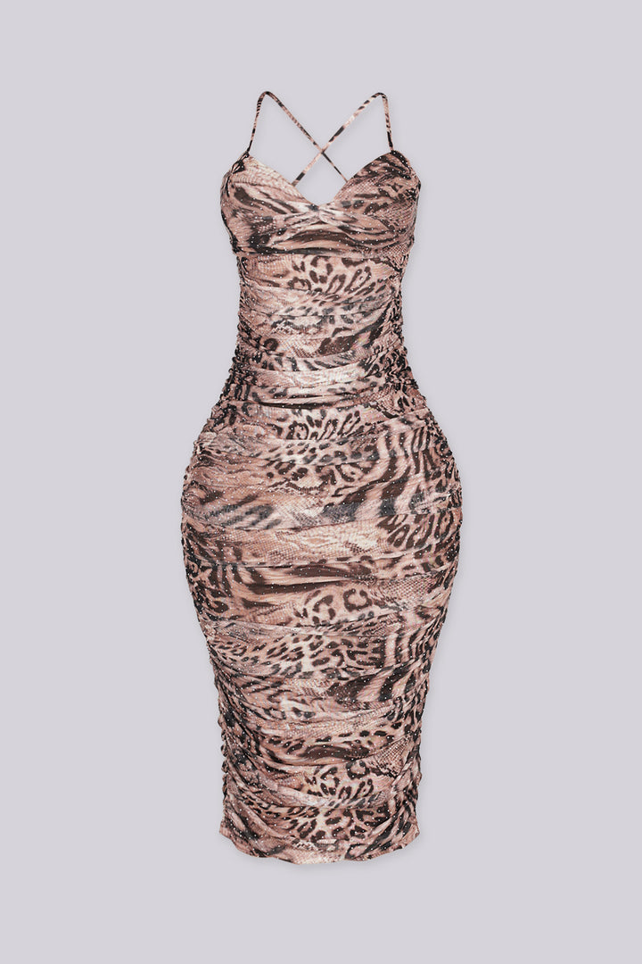Animal print mesh midi dress with sweetheart neckline featuring fine rhinestone shimmer throughout