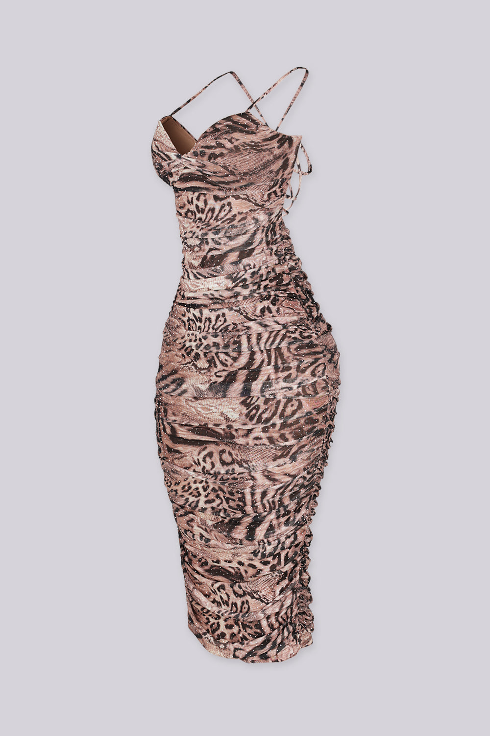 Animal print mesh midi dress with sweetheart neckline featuring fine rhinestone shimmer throughout