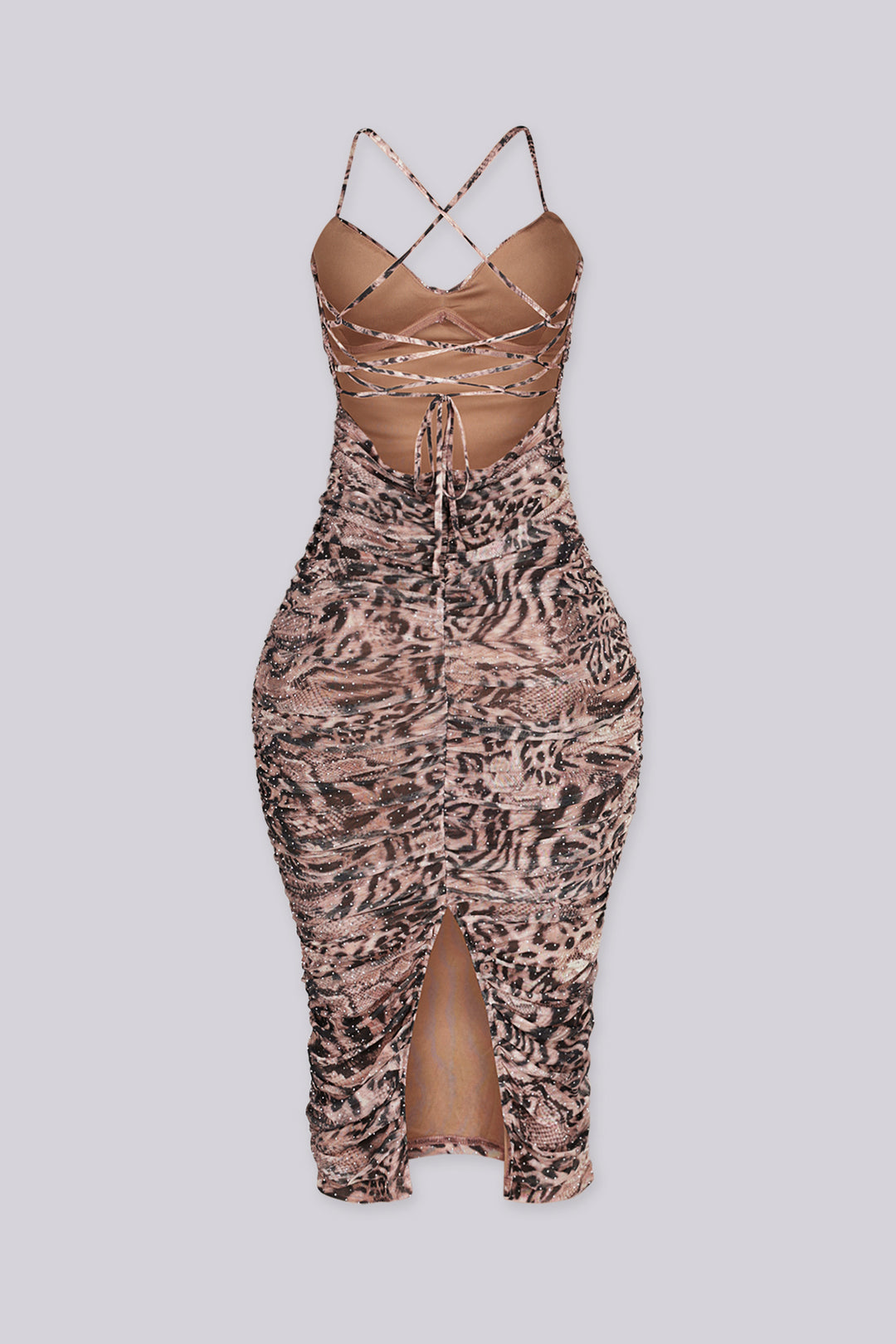 Animal print mesh midi dress with sweetheart neckline featuring fine rhinestone shimmer throughout