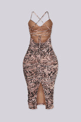 Animal print mesh midi dress with sweetheart neckline featuring fine rhinestone shimmer throughout