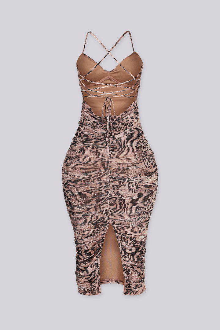 Animal print mesh midi dress with sweetheart neckline featuring fine rhinestone shimmer throughout