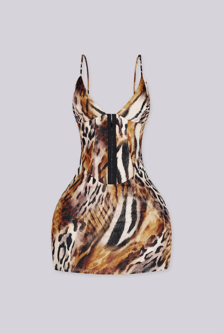 Animal print bodycon mini dress with deep plunging V-neckline