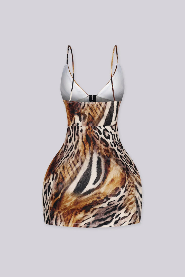Animal print bodycon mini dress with deep plunging V-neckline