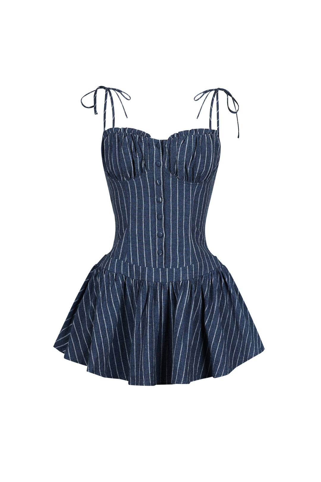 Linen pinstriped corset mini dress featuring ruched sweetheart cups with frill rim detail
Drop waist hemline with flared mini peplum skirt