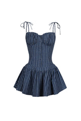 Linen pinstriped corset mini dress featuring ruched sweetheart cups with frill rim detail
Drop waist hemline with flared mini peplum skirt