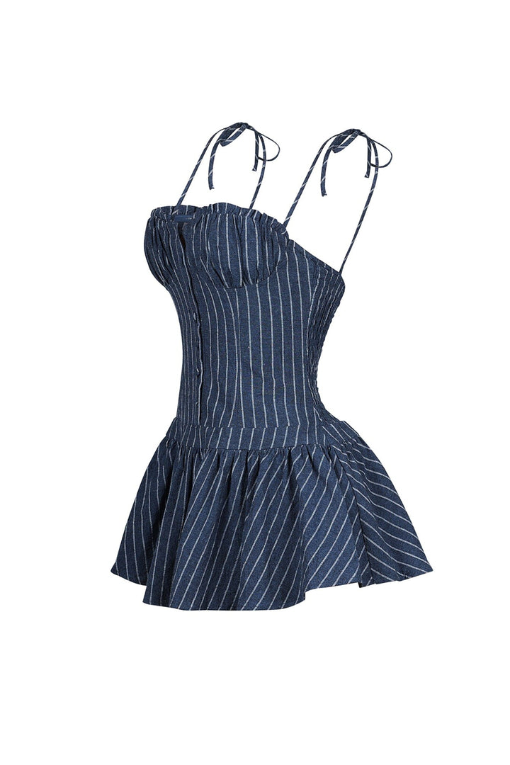 Linen pinstriped corset mini dress featuring ruched sweetheart cups with frill rim detail
Drop waist hemline with flared mini peplum skirt