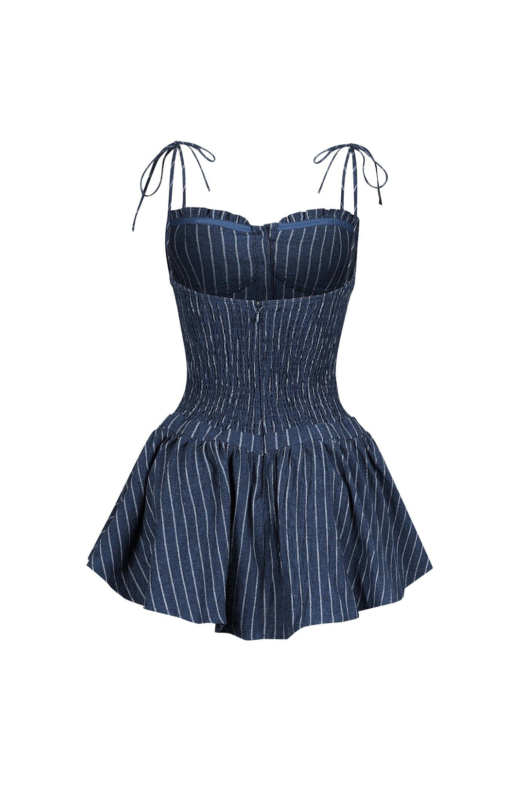 Linen pinstriped corset mini dress featuring ruched sweetheart cups with frill rim detail
Drop waist hemline with flared mini peplum skirt