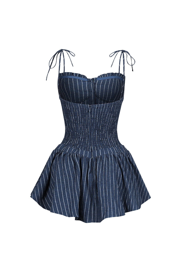 Linen pinstriped corset mini dress featuring ruched sweetheart cups with frill rim detail
Drop waist hemline with flared mini peplum skirt