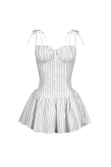Linen pinstriped corset mini dress featuring ruched sweetheart cups with frill rim detail
Drop waist hemline with flared mini peplum skirt