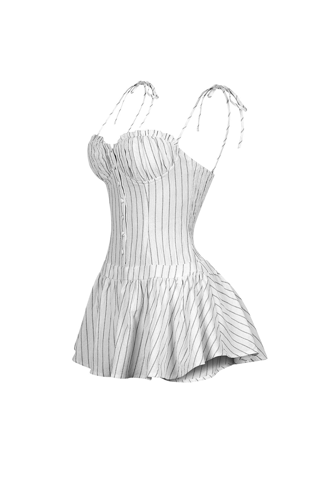 Linen pinstriped corset mini dress featuring ruched sweetheart cups with frill rim detail
Drop waist hemline with flared mini peplum skirt
