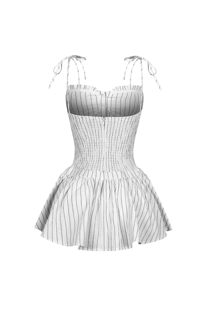 Linen pinstriped corset mini dress featuring ruched sweetheart cups with frill rim detail
Drop waist hemline with flared mini peplum skirt