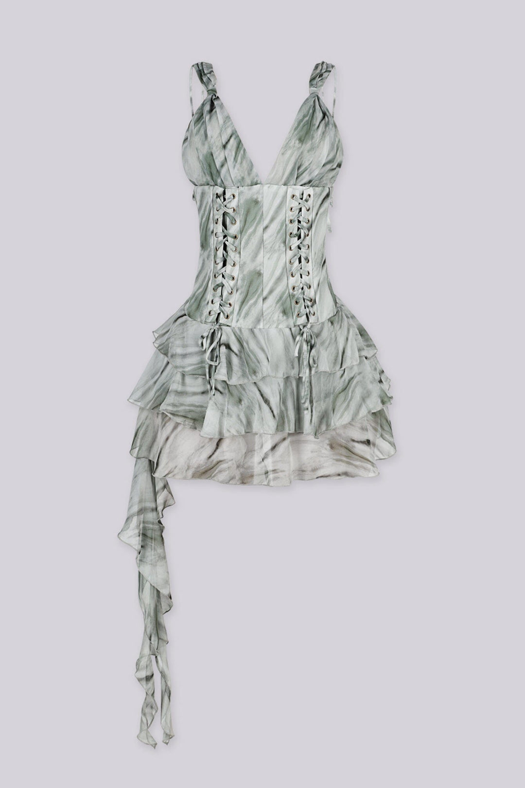 Deep plunging v neckline dress featuring double corset style lace-up detailing, Back side stretchy smocked center panel for contouring fit, Asymmetrical ruffle mini skirt with a ruffle sash hanging from one side