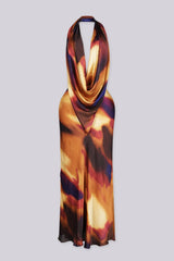 Satin draped cowl maxi dress featuring abstract watercolor print throughout,
Fully lined, Back zipper closure