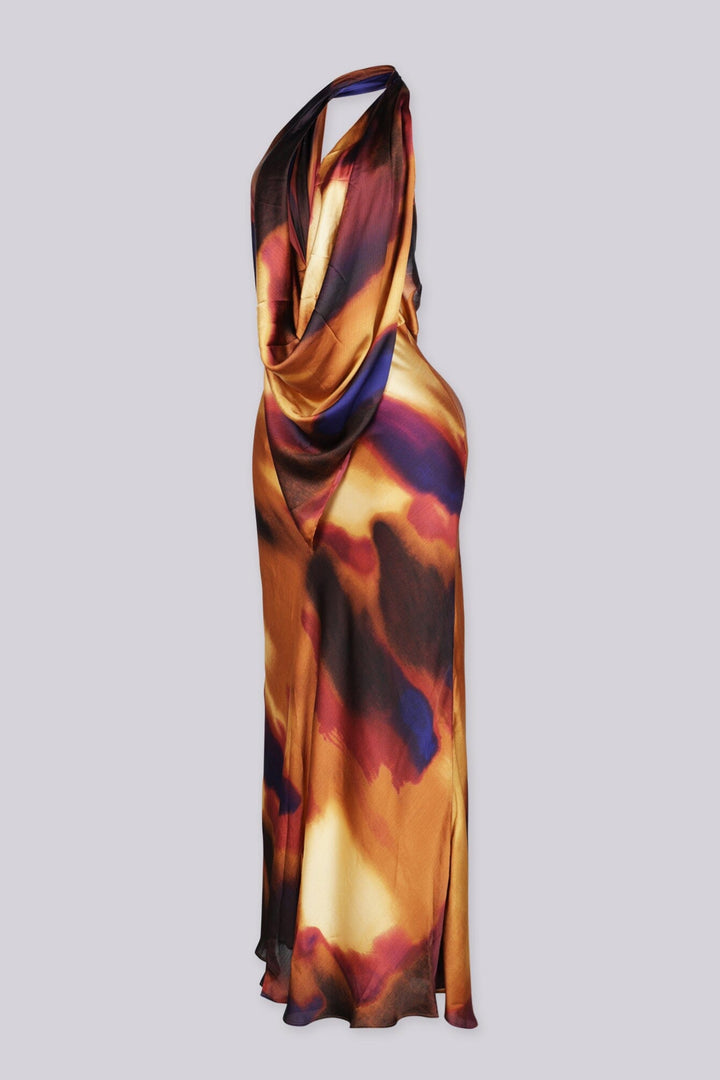Satin draped cowl maxi dress featuring abstract watercolor print throughout,
Fully lined, Back zipper closure