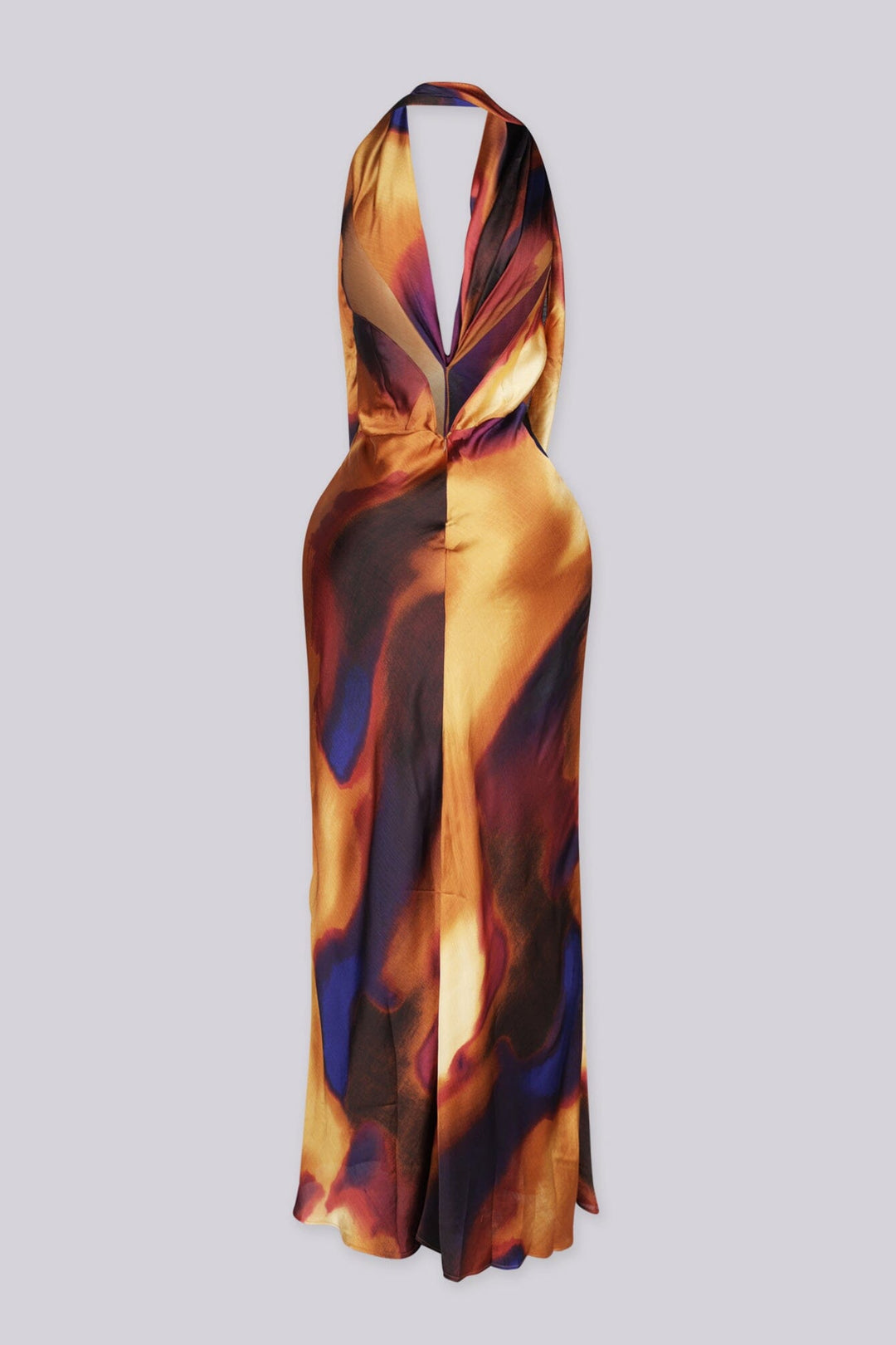 Satin draped cowl maxi dress featuring abstract watercolor print throughout,
Fully lined, Back zipper closure