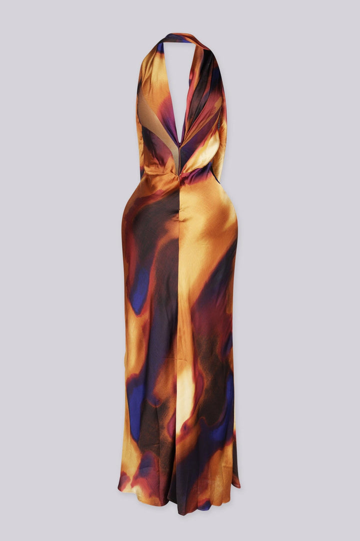 Satin draped cowl maxi dress featuring abstract watercolor print throughout,
Fully lined, Back zipper closure