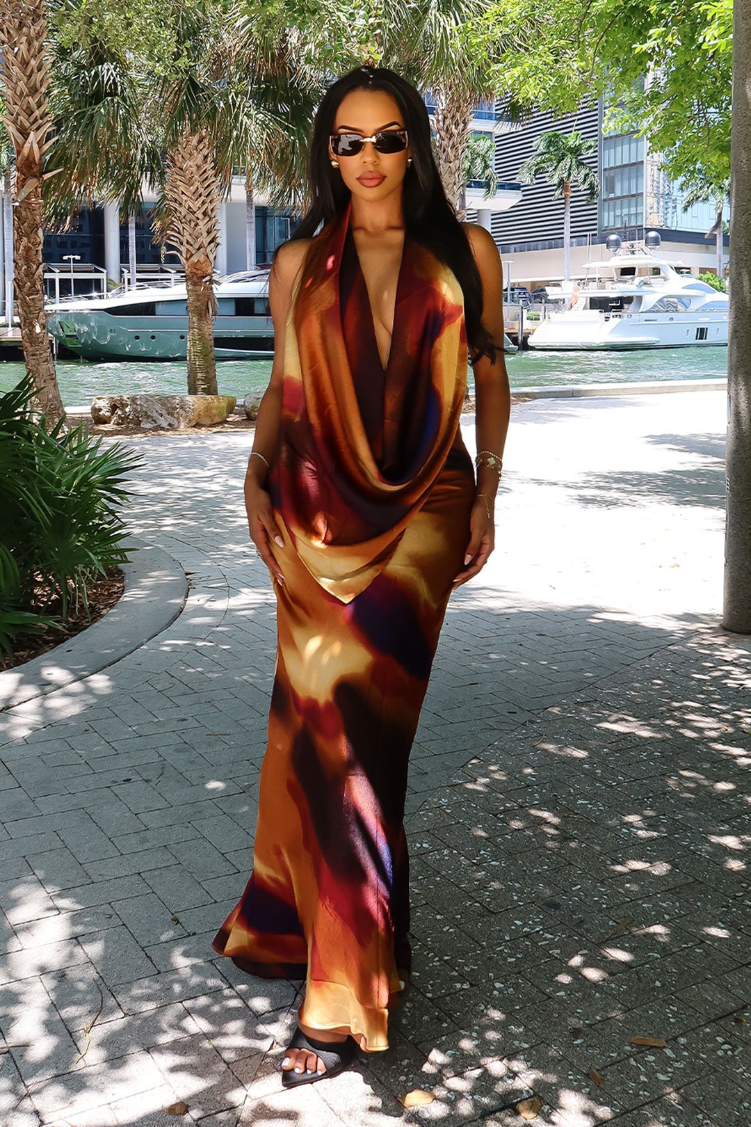 Satin draped cowl maxi dress featuring abstract watercolor print throughout