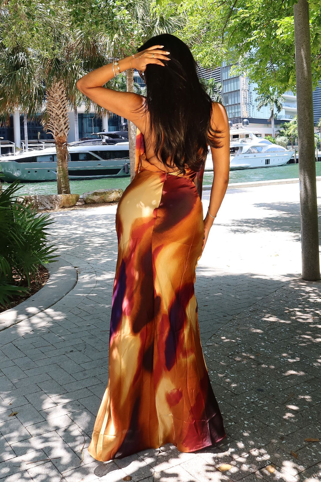 Satin draped cowl maxi dress featuring abstract watercolor print throughout