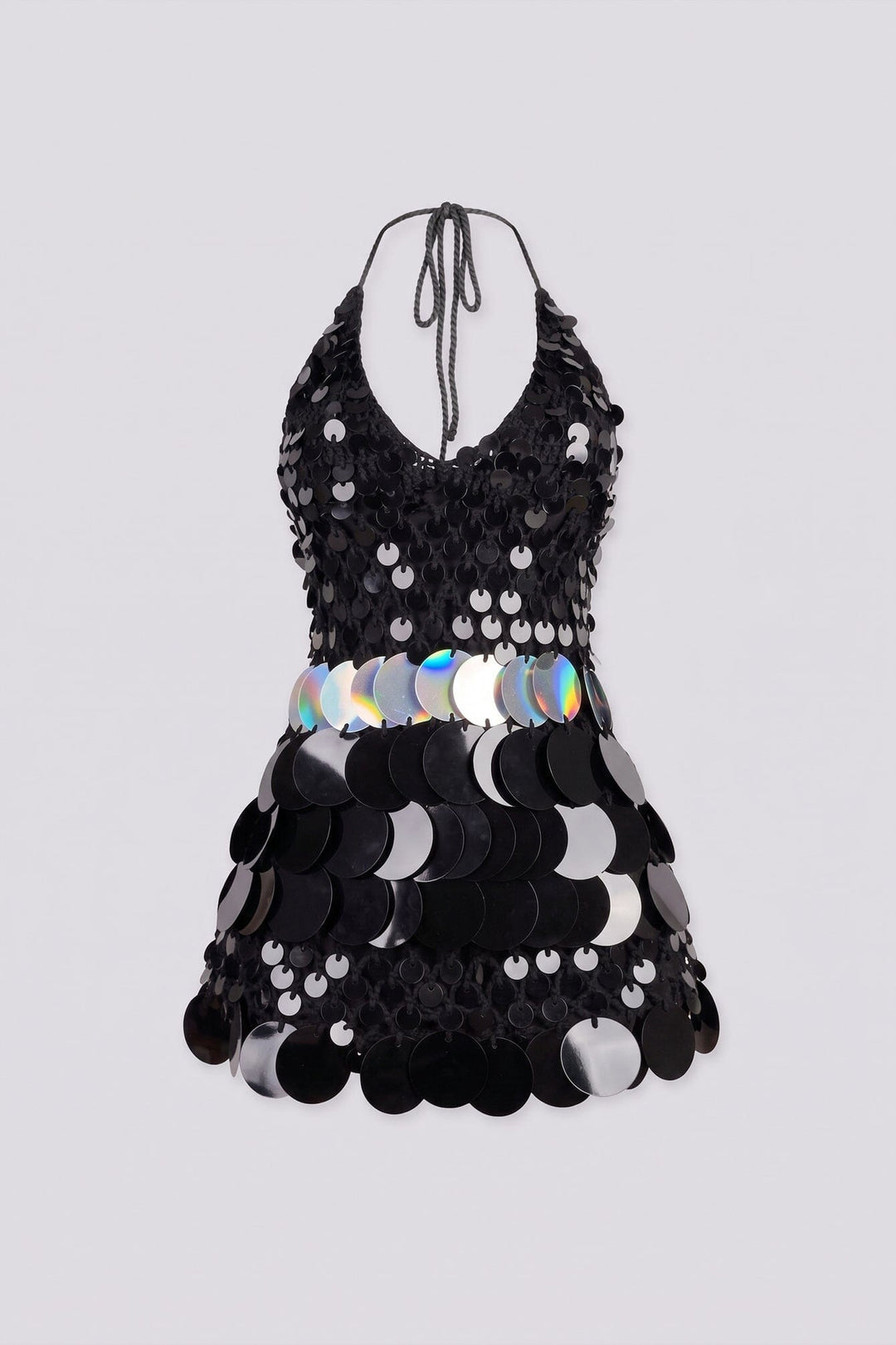 Body skimming mini dress with plunging halter neckline covered in oversized paillette disc sequins layered like scales