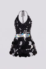 Body skimming mini dress with plunging halter neckline covered in oversized paillette disc sequins layered like scales