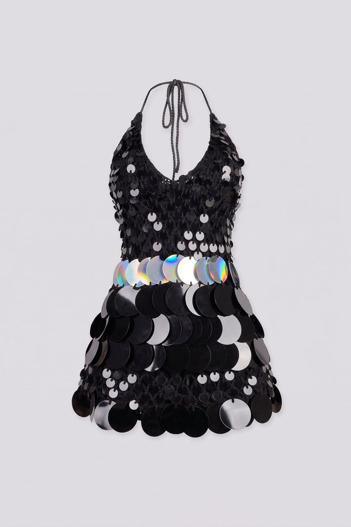 Body skimming mini dress with plunging halter neckline covered in oversized paillette disc sequins layered like scales