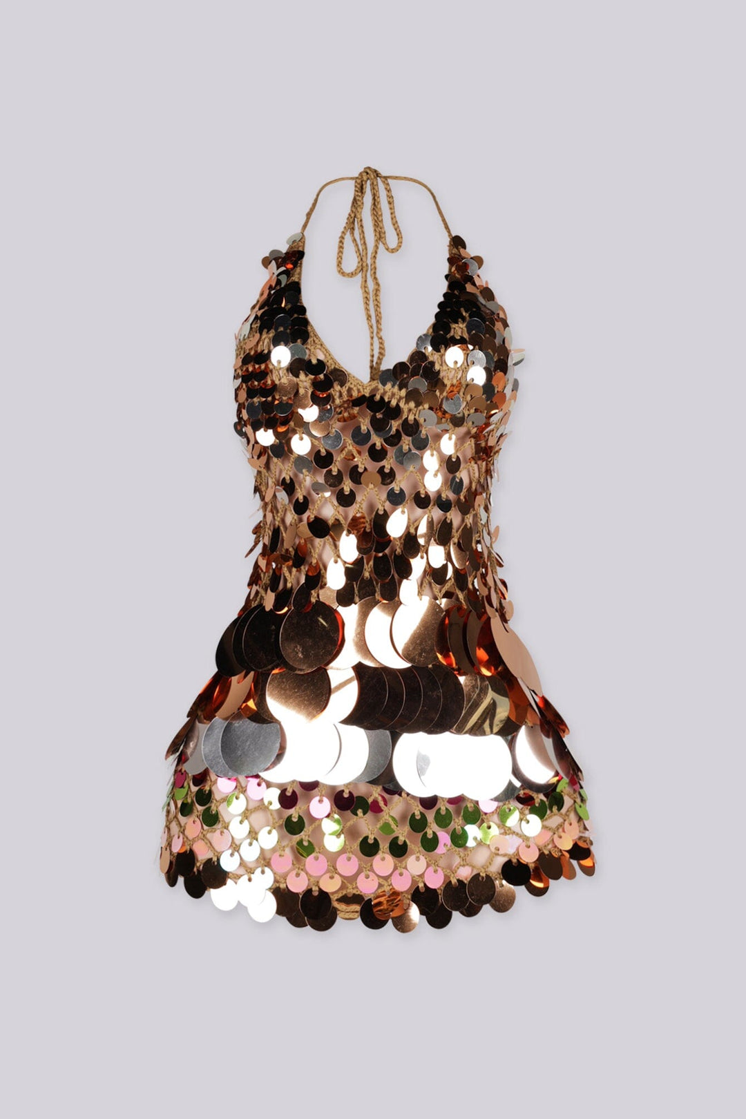 Body skimming mini dress with plunging halter neckline covered in oversized paillette disc sequins layered like scales