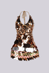 Body skimming mini dress with plunging halter neckline covered in oversized paillette disc sequins layered like scales