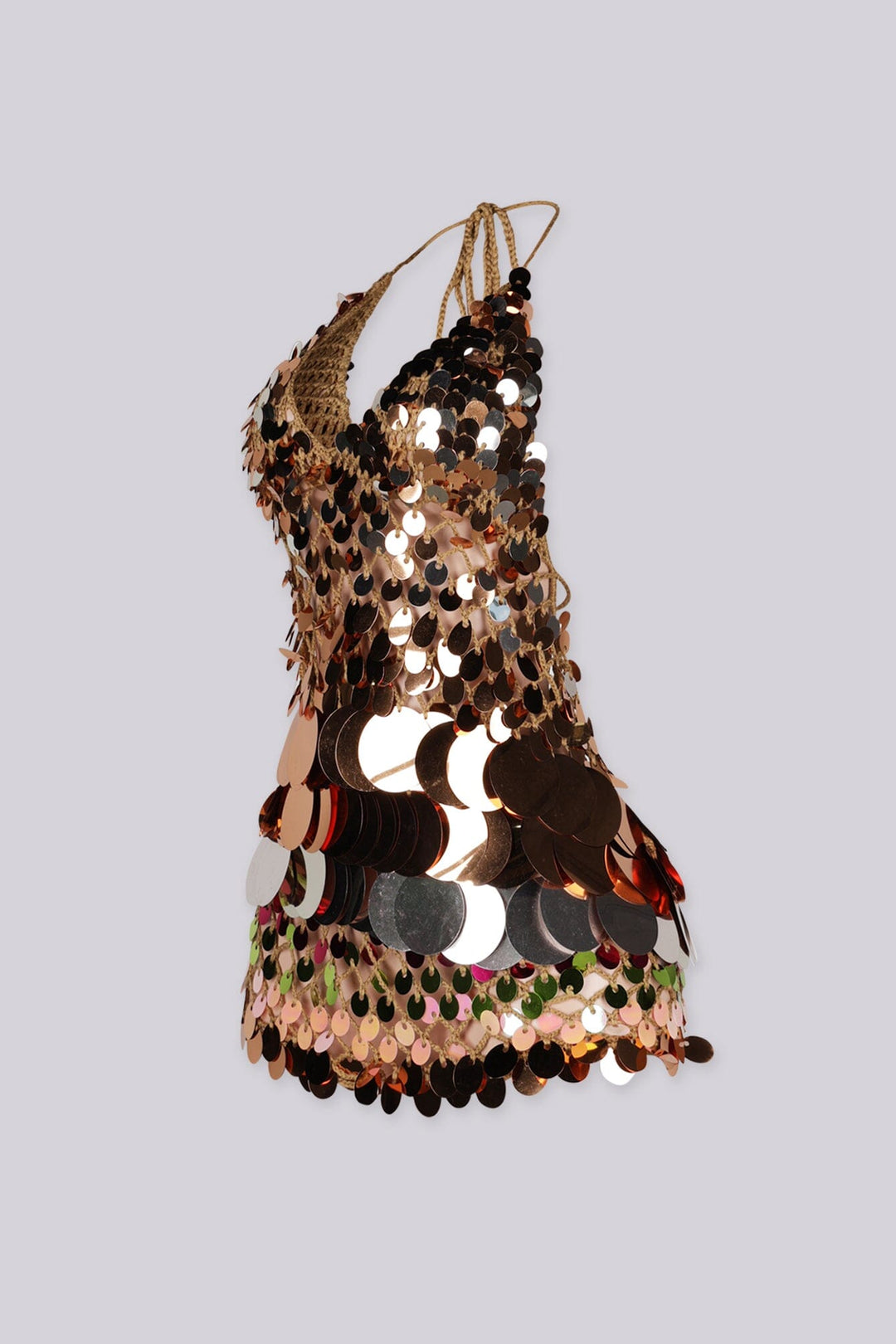 Body skimming mini dress with plunging halter neckline covered in oversized paillette disc sequins layered like scales