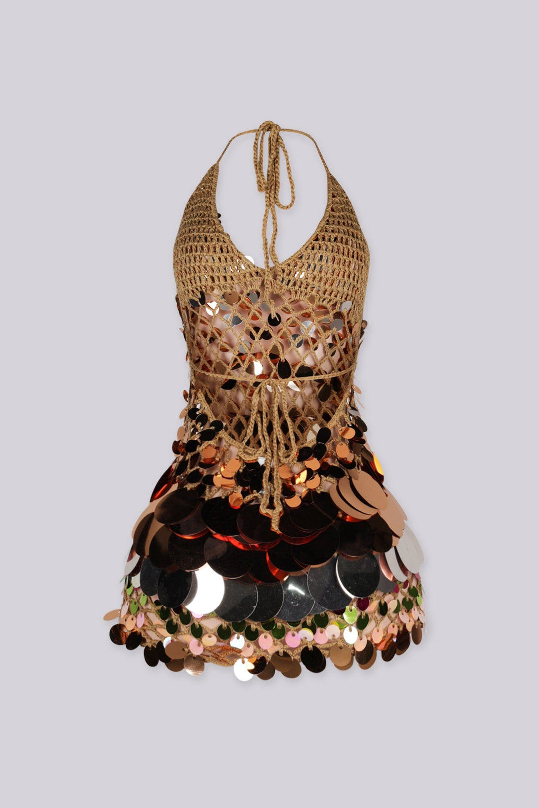 Body skimming mini dress with plunging halter neckline covered in oversized paillette disc sequins layered like scales