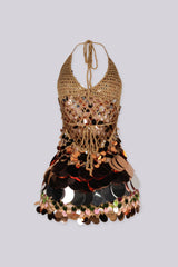 Body skimming mini dress with plunging halter neckline covered in oversized paillette disc sequins layered like scales