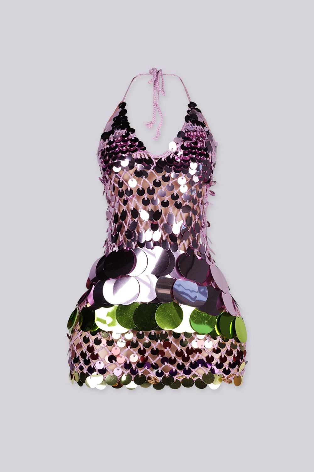 Body skimming mini dress with plunging halter neckline covered in oversized paillette disc sequins layered like scales