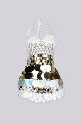 Body skimming mini dress with plunging halter neckline covered in oversized paillette disc sequins layered like scales