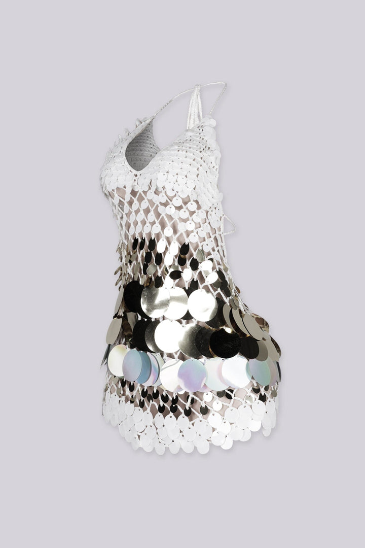 Body skimming mini dress with plunging halter neckline covered in oversized paillette disc sequins layered like scales