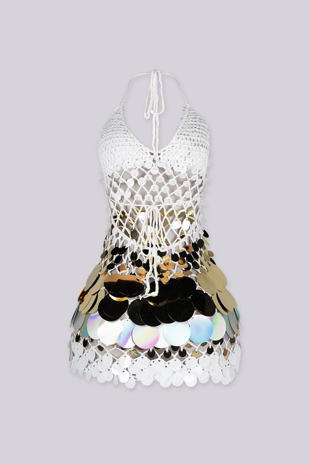 Body skimming mini dress with plunging halter neckline covered in oversized paillette disc sequins layered like scales