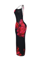 EDGE — black and fuchsia floral mesh print halter maxi dress, side view flat lay