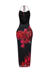 EDGE — black and fuchsia floral mesh print halter maxi dress with an open back tie, back view flat lay