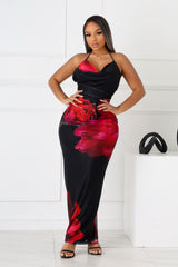 EDGE — black and fuchsia floral mesh print halter maxi dress, front view on model