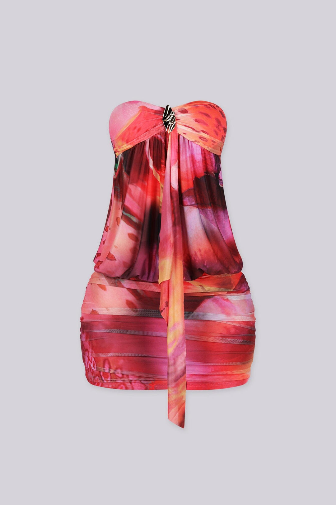Abstract print tube top mini dress, Draped front detail with a metal accent and subtle volume through the waist
