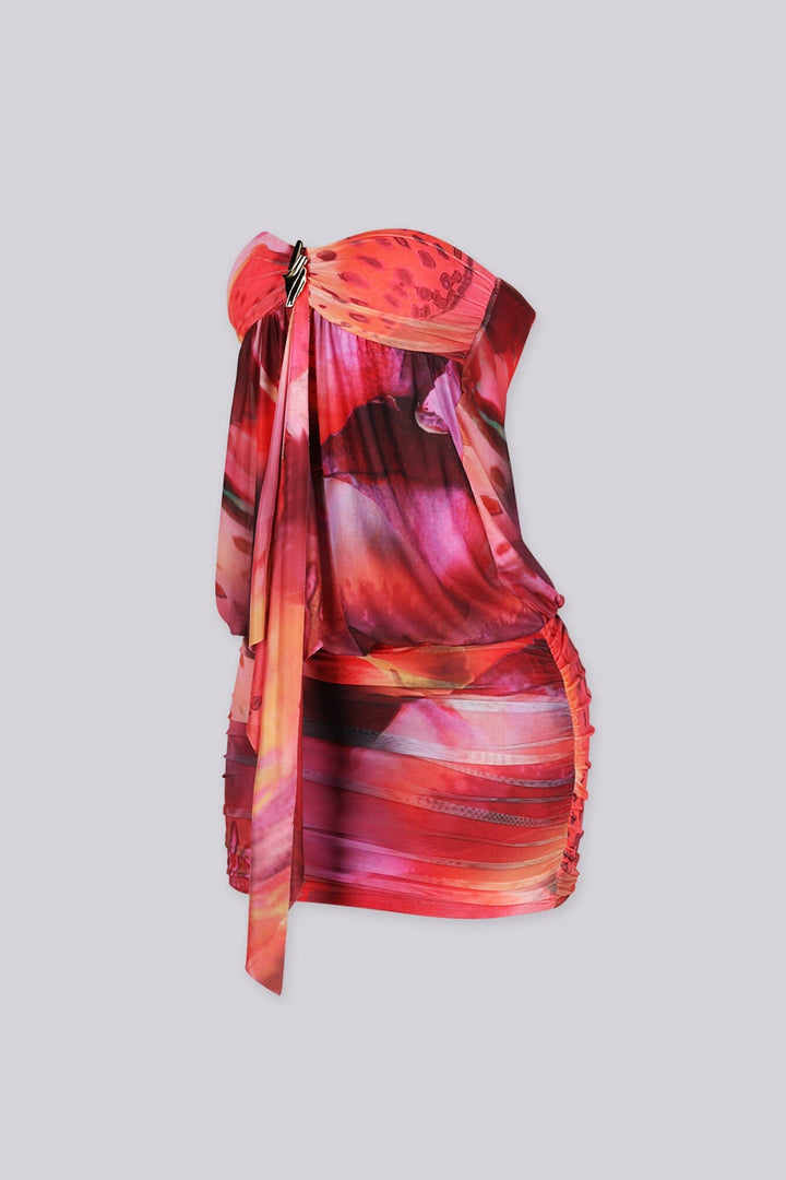 Abstract print tube top mini dress, Draped front detail with a metal accent and subtle volume through the waist