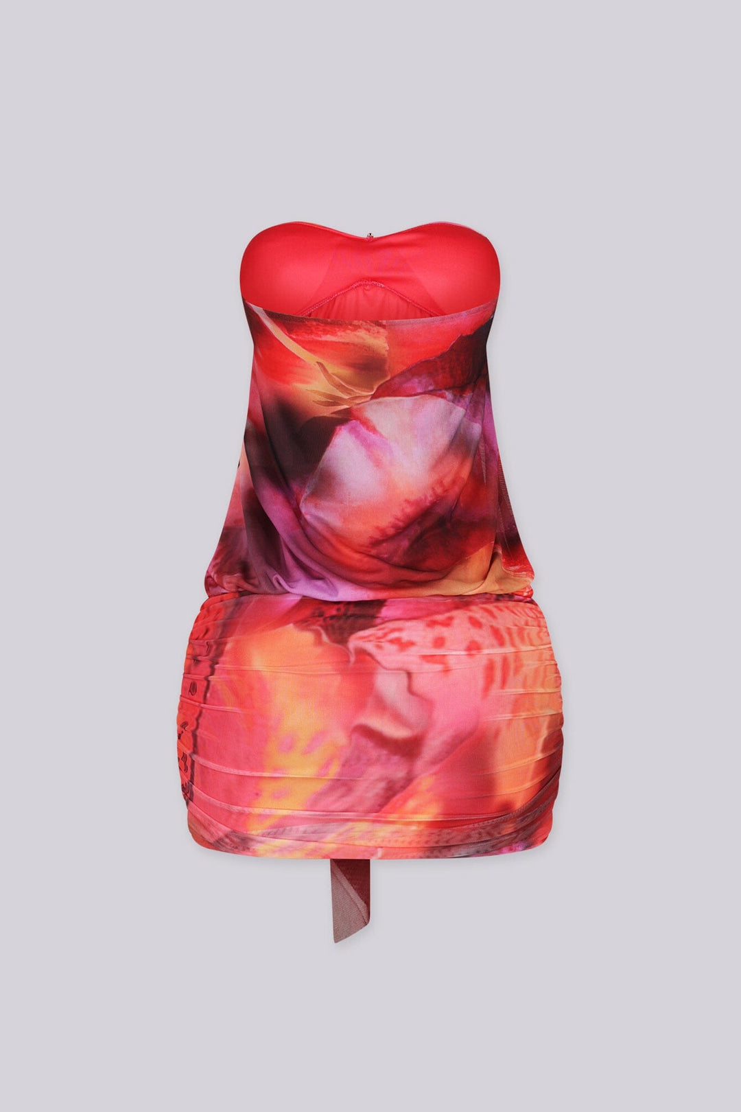 Abstract print tube top mini dress, Draped front detail with a metal accent and subtle volume through the waist
