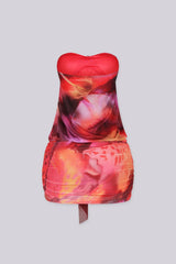 Abstract print tube top mini dress, Draped front detail with a metal accent and subtle volume through the waist