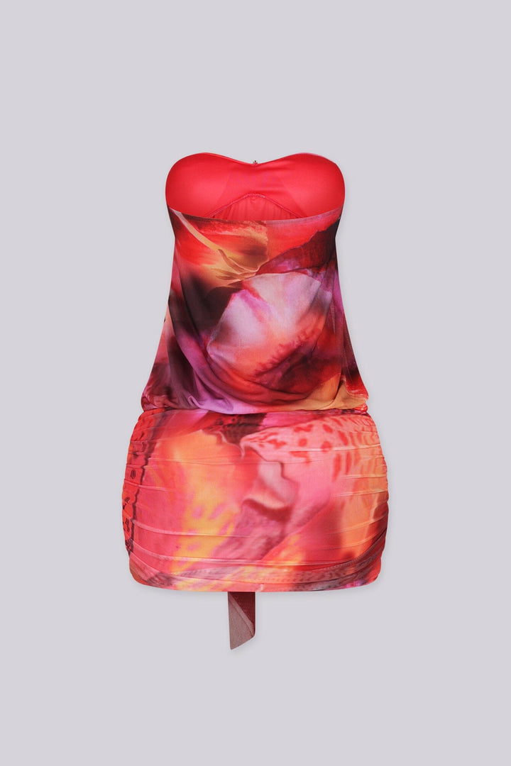 Abstract print tube top mini dress, Draped front detail with a metal accent and subtle volume through the waist
