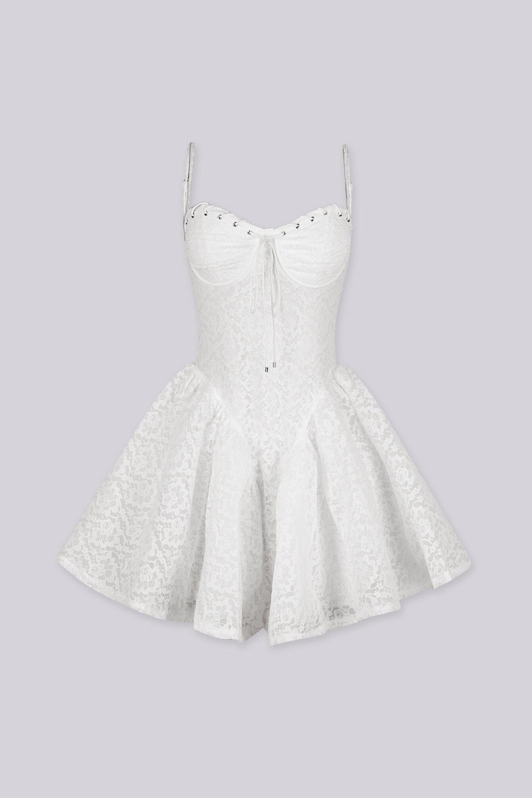 Lace mini dress featuring a corset bodice with silver eyelet lace-up front detail