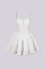Lace mini dress featuring a corset bodice with silver eyelet lace-up front detail