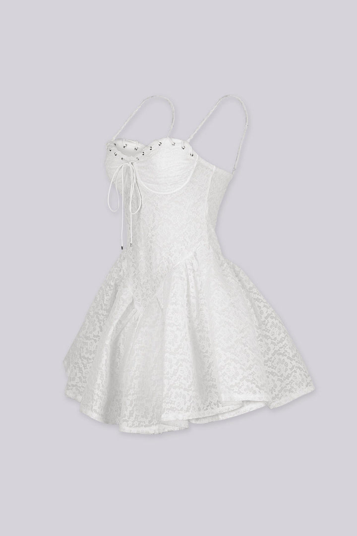 Lace mini dress featuring a corset bodice with silver eyelet lace-up front detail