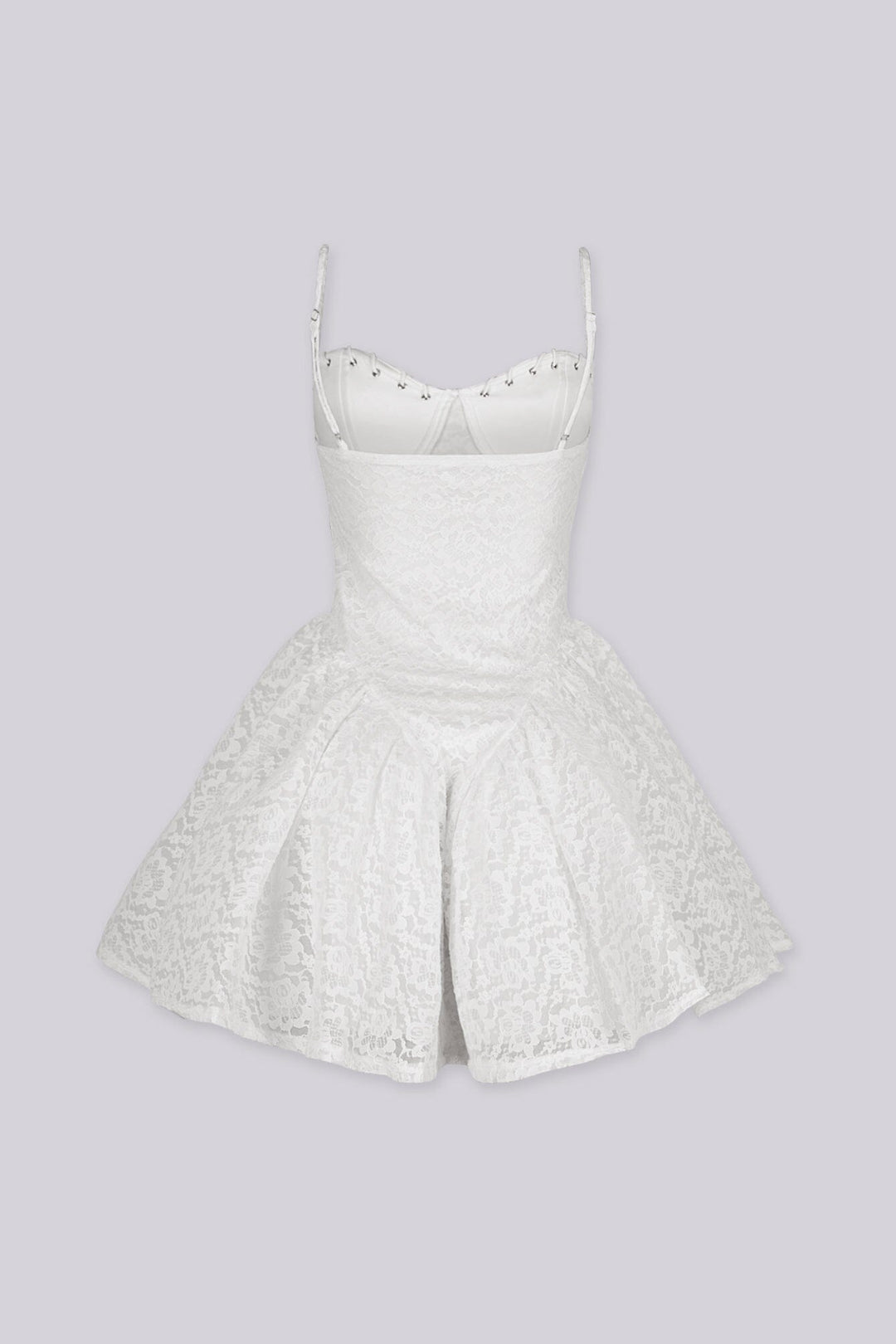 Lace mini dress featuring a corset bodice with silver eyelet lace-up front detail