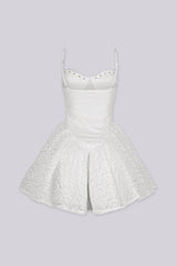 Lace mini dress featuring a corset bodice with silver eyelet lace-up front detail