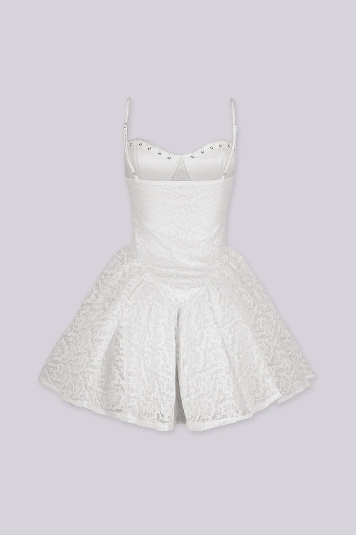 Lace mini dress featuring a corset bodice with silver eyelet lace-up front detail