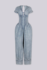 V neck denim jumpsuit with a pin tuck details and relaxed balloon silhouette,
Back zipper closure