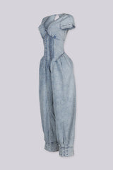 V neck denim jumpsuit with a pin tuck details and relaxed balloon silhouette,
Back zipper closure